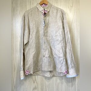 Maceoo Mens Size 4 LARGE Long Sleeve Shirt Sand color Linen EUC